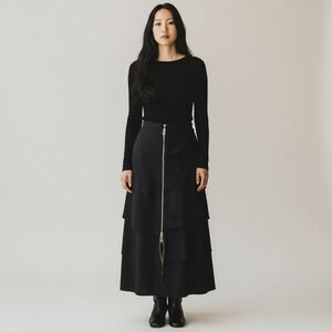 STILETO Black Tiered Ruffle Maxi Midi Skirt Zip Sz 8 Edgy Goth Grunge Whimsygoth